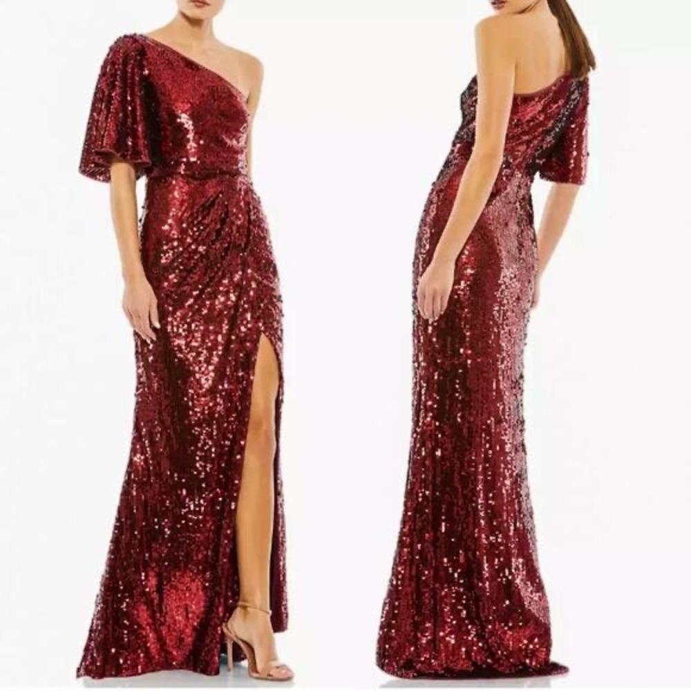 Mac Duggal 93540 One Shoulder Sequin Gown Burgundy Flutter Sleeve‎ Maxi Dress